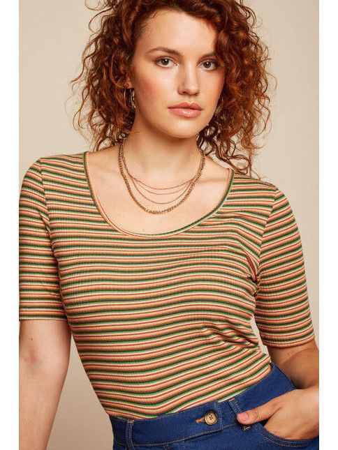 King Louie T-Shirt Carice Top Boxy Stripe ponderosa green